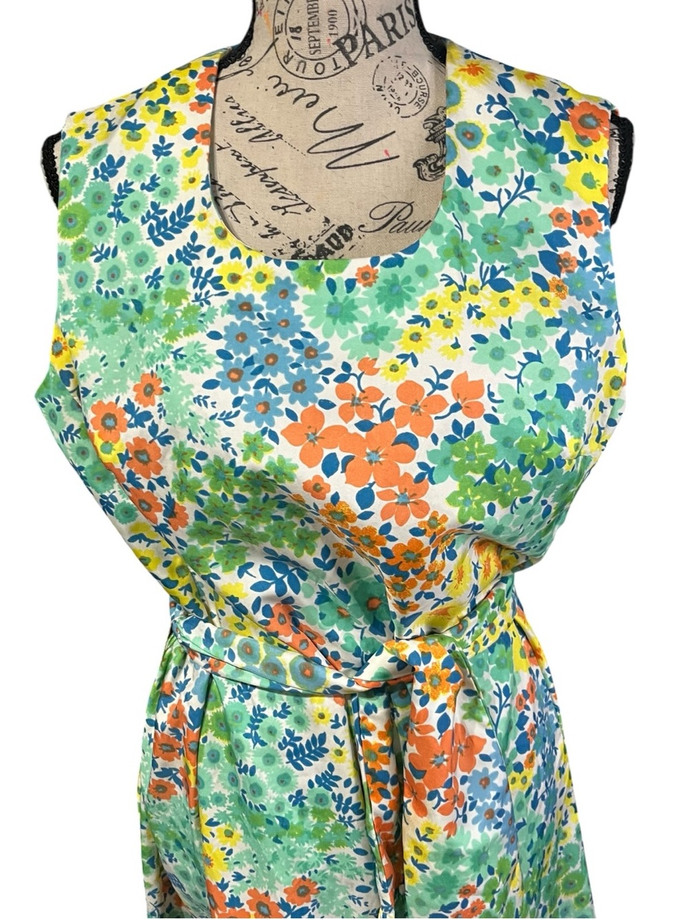 Vtg 60s Satiny Floral Belted Sleeveless Dress - Multicolor
